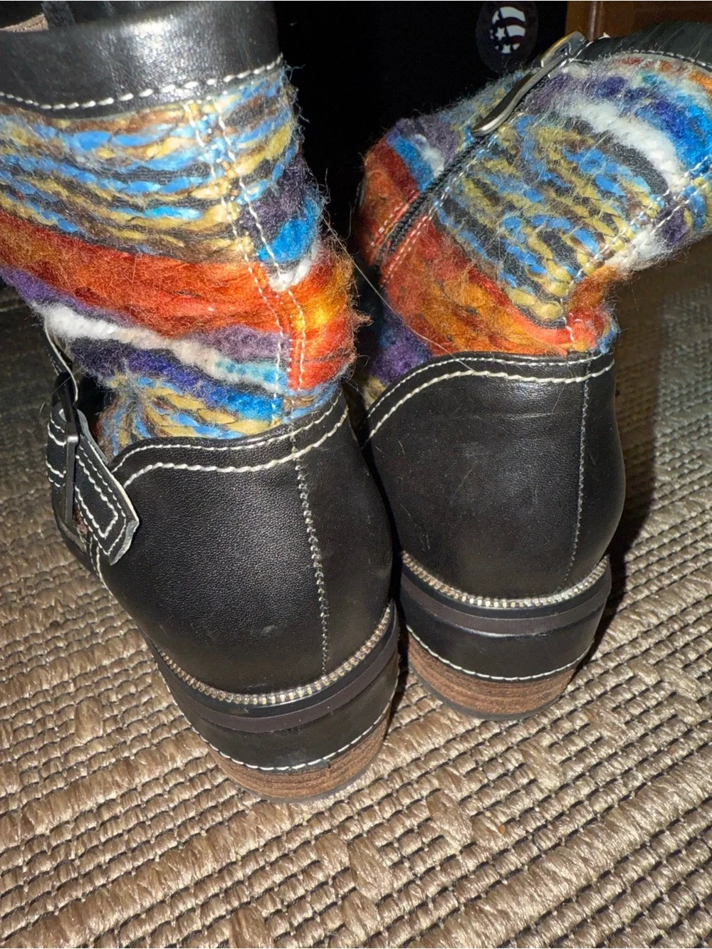 Black Gaetana Ankle Boots. Multicolored Knit Shaft. Boho, western, retro